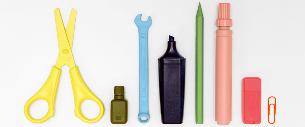 various brightly coloured stationary tools
