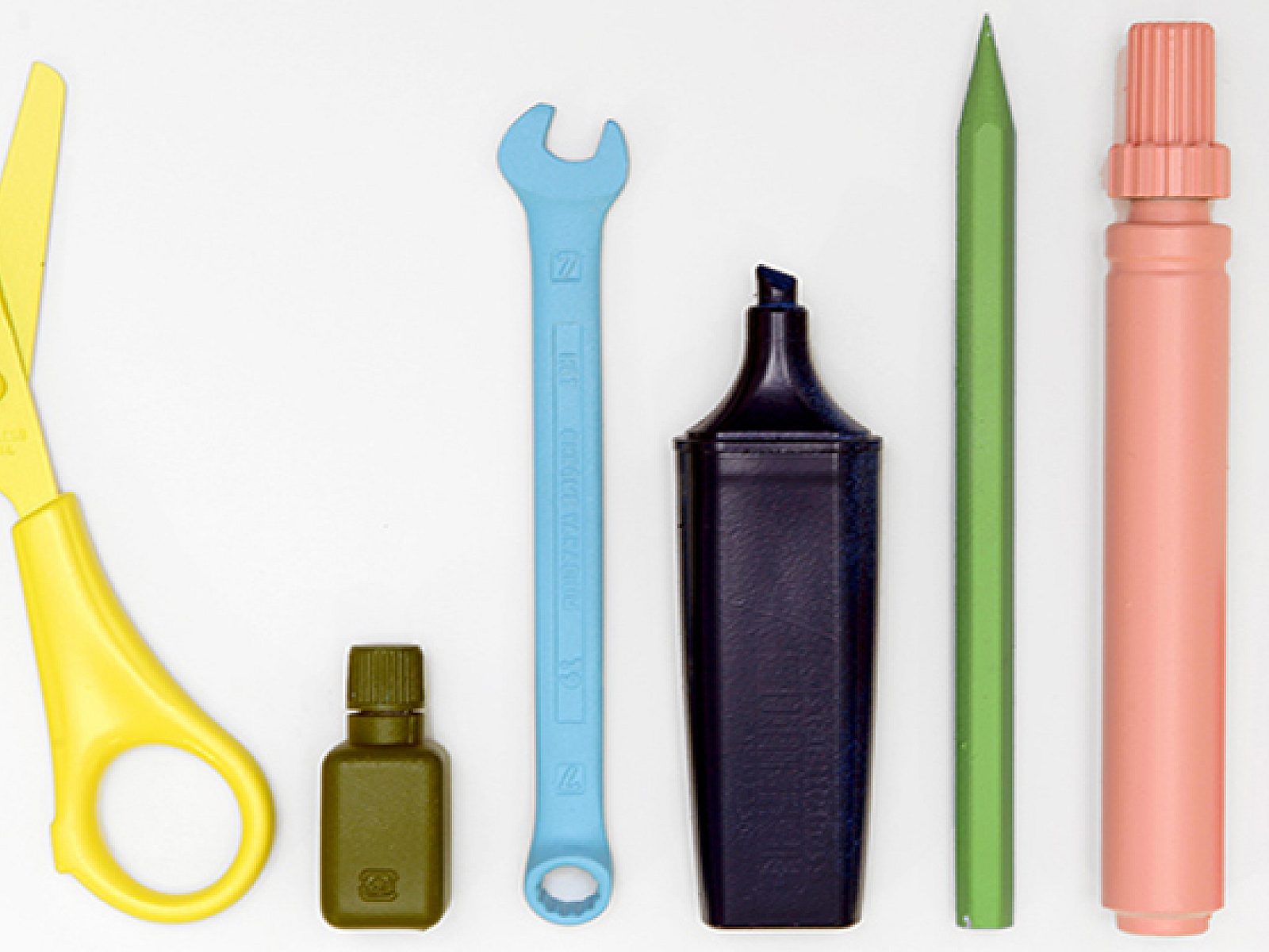 various brightly coloured stationary tools